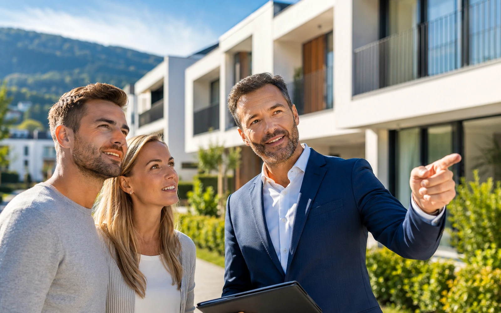 Symbolische Immobilienbesichtigung mit natürlichen Gesprächspartnern.